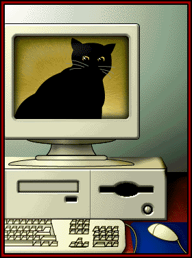 black cat hops out of a computer screen and grabs the mouse