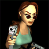 lara croft shooting a gun at screen