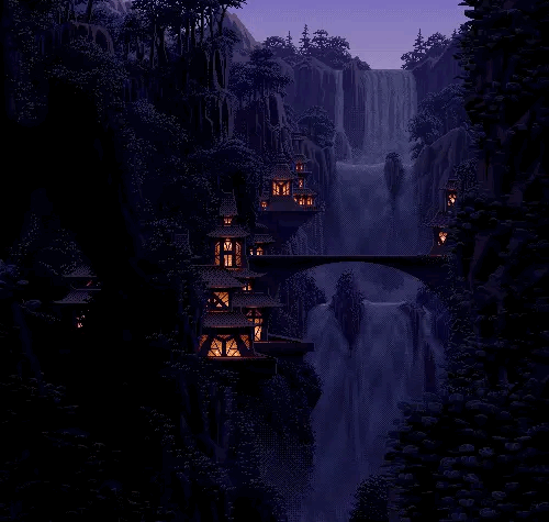 village waterfall at night