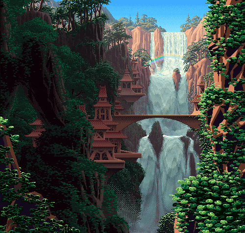 sunny waterfall village
